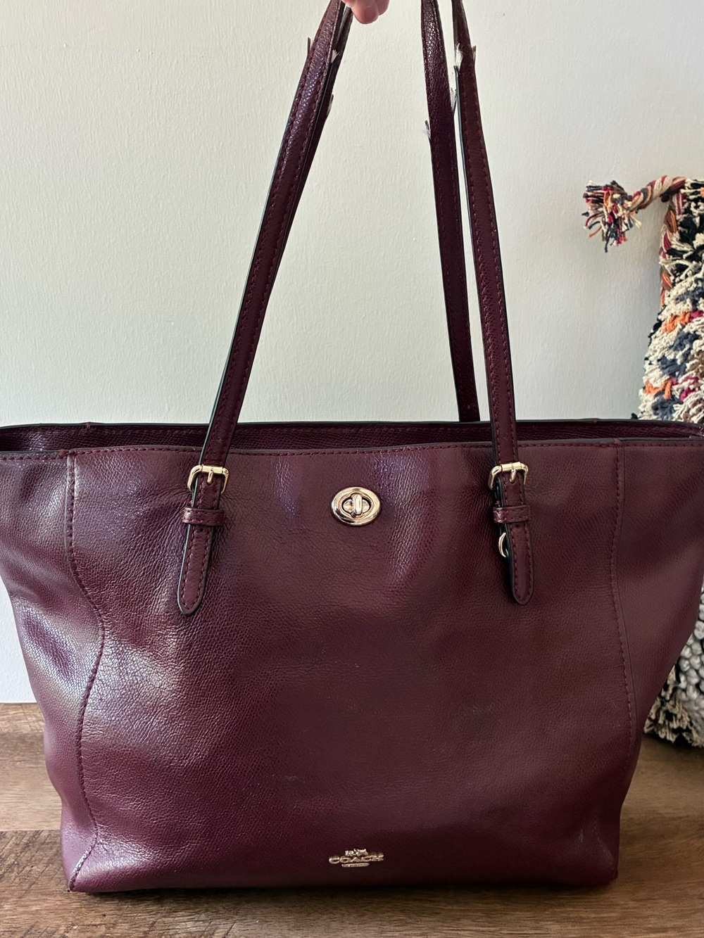 Coach Leather Turnlock Tote Purse, Oxblood Wine Red / Gold